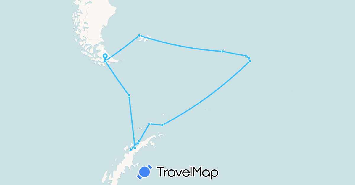 TravelMap itinerary: driving, boat in Argentina, Falkland Islands, South Georgia and the South Sandwich Islands (Antarctica, South America)
